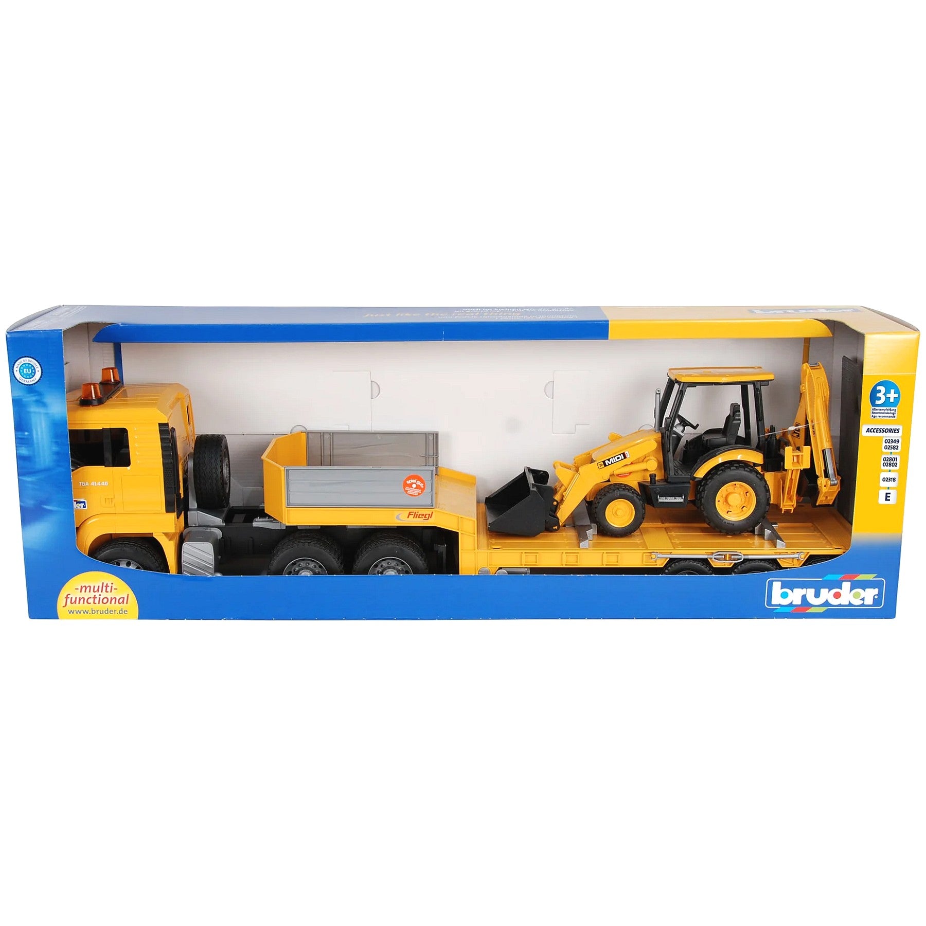 Bruder - MAN Commercial TGA Low Loader Truck with JCB Midi CX Backhoe Loader Scale 1:16