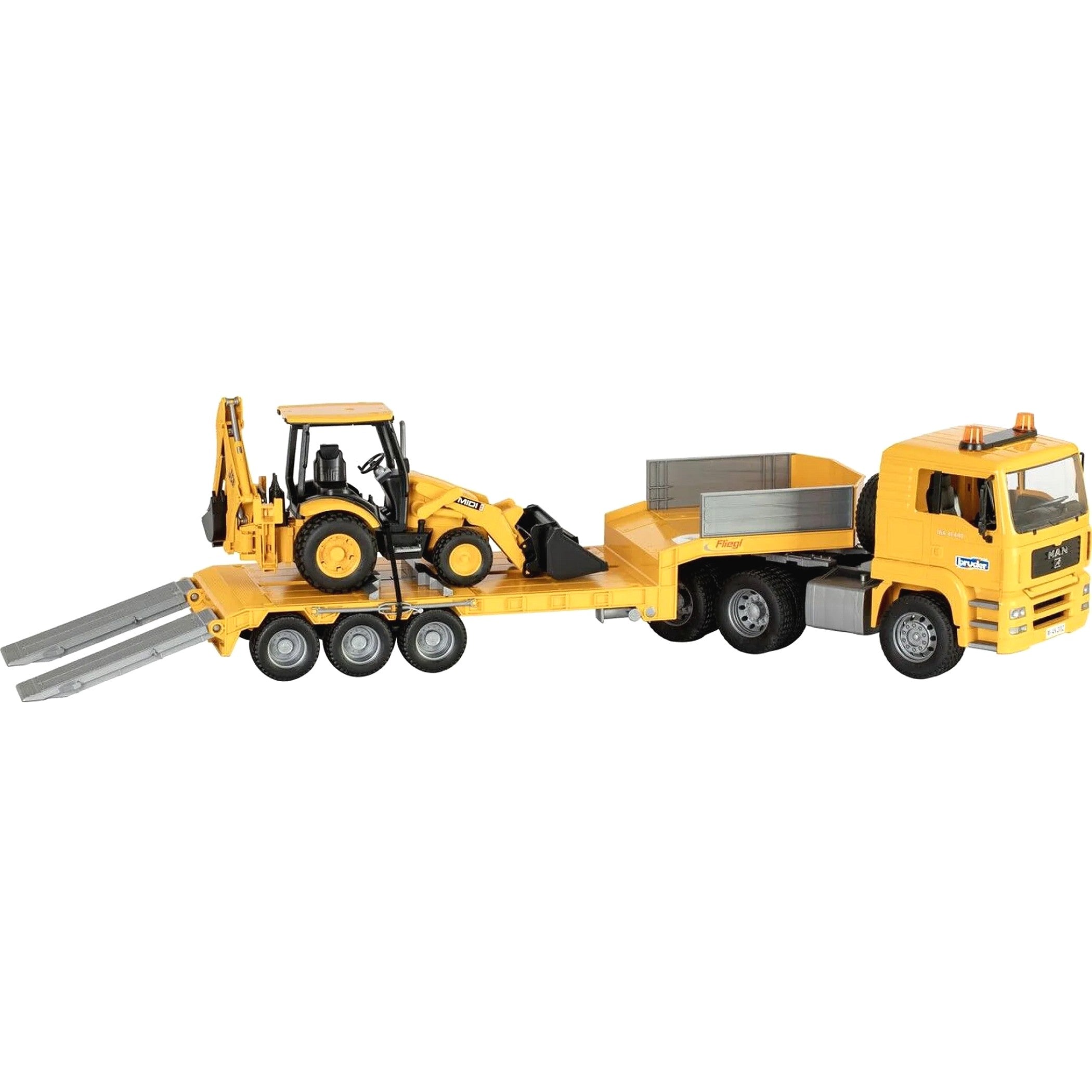 Bruder - MAN Commercial TGA Low Loader Truck with JCB Midi CX Backhoe Loader Scale 1:16