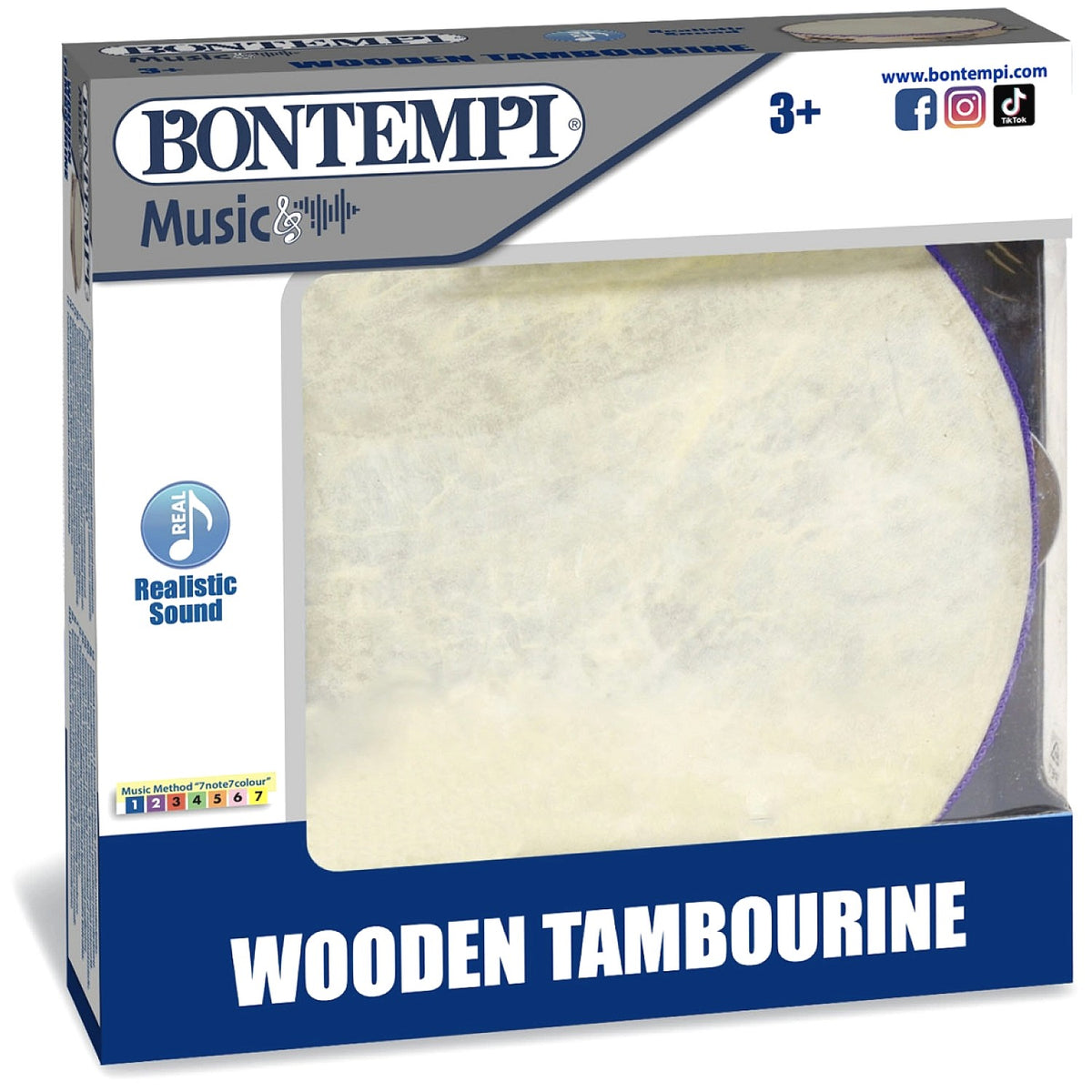 Bontempi - Wooden Tambourine with Natural Membrane 19cm Toy Musical Instrument