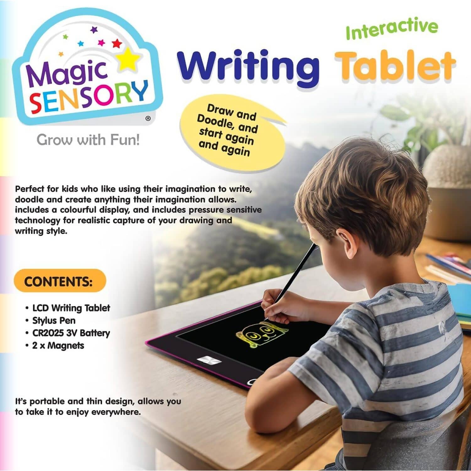 Magic Sensory - Pink LCD Writing Tablet for Kids 8.5inch Drawing Tablet for Writing Drawing Doodling and Learning