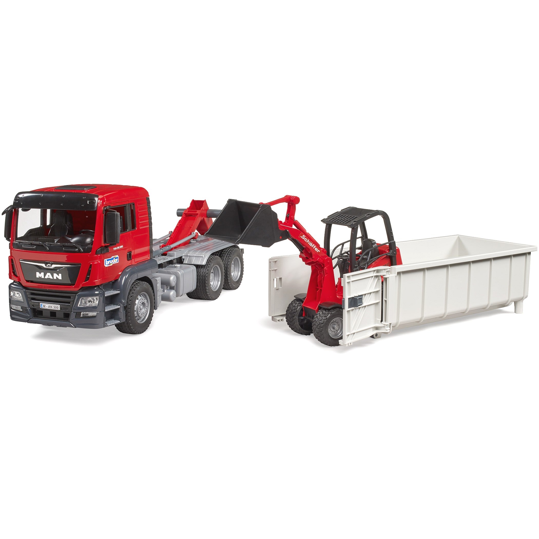 Bruder - MAN TGS Truck With roll-off Container and Schaffer Yard Loader Scale 1:16