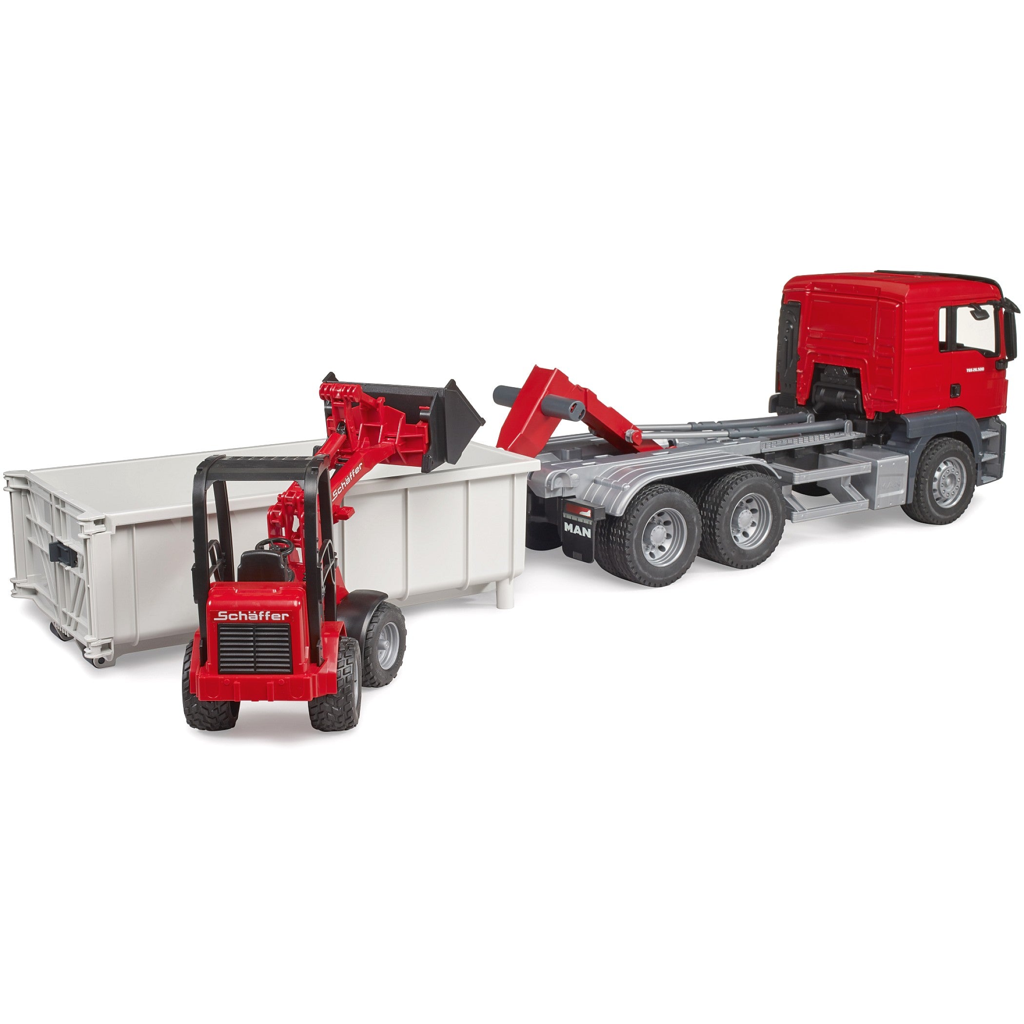 Bruder - MAN TGS Truck With roll-off Container and Schaffer Yard Loader Scale 1:16