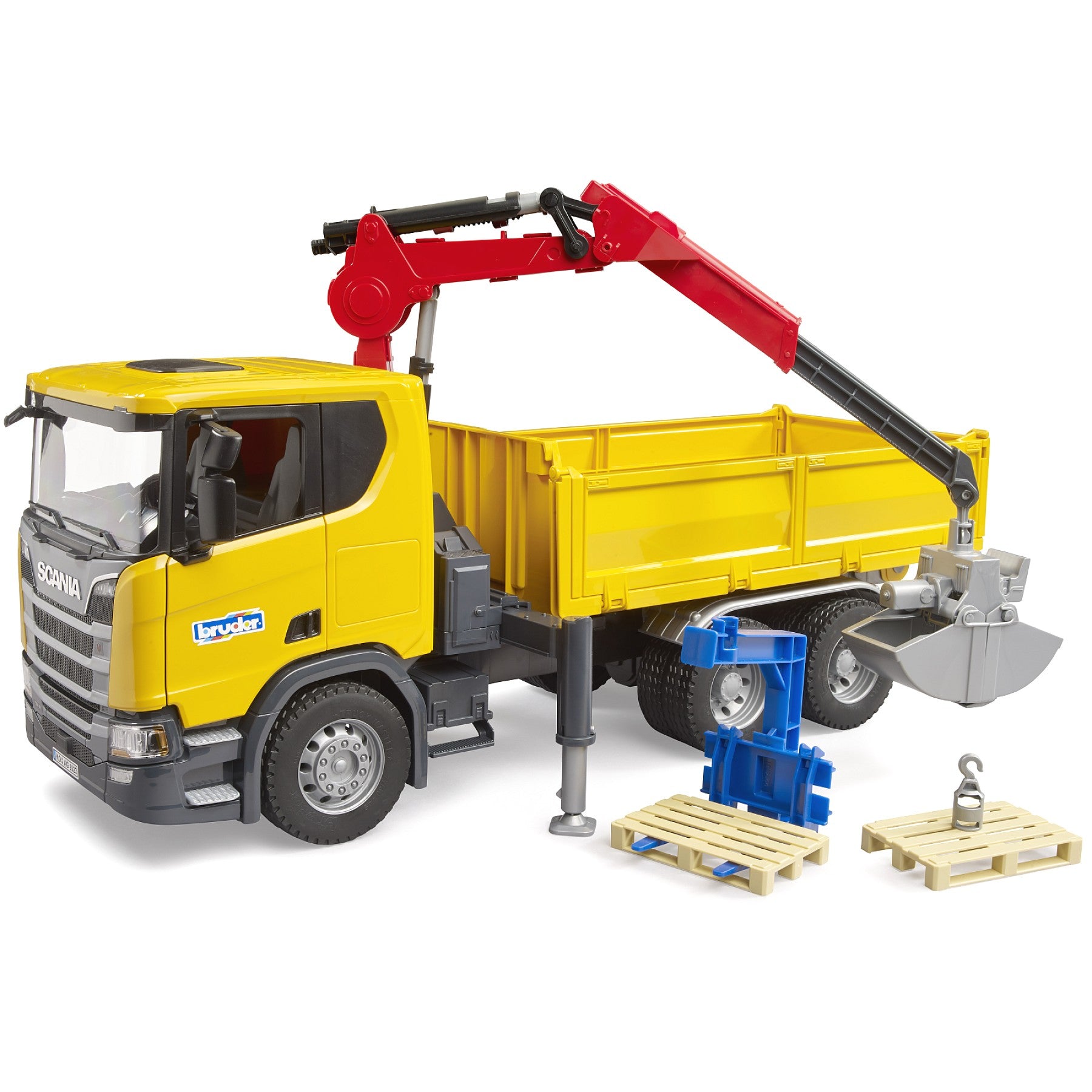 Bruder - Scania Super 560R Construction Site Truck with Crane and 2 Pallets Scale 1:16